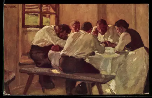 Künstler-AK Albin Egger-Lienz: Mittagessen, Bauernszene
