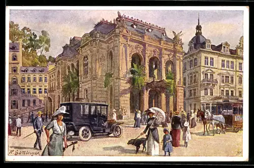 Künstler-AK Hans Götzinger: Karlsbad, Stadttheater mit Pferdebahn