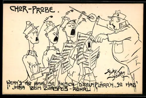 Künstler-AK Rud. Kristen: Karikatur, österr. Soldaten bei der Chor-Probe