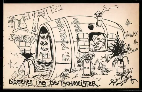 Künstler-AK Diogenes als Deutschmeister, Soldat wohnt in einem Bierfass