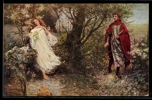 Künstler-AK S. Postiglione: Petrarca und Laura, Dante Alighieri
