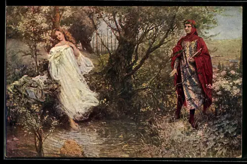 Künstler-AK S. Postiglione: Petrarca und Laura, Dante Alighieri