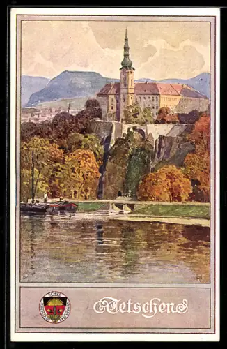 Künstler-AK Tetschen-Bodenbach-Decin, Ortsansicht mit Kirche, Deutscher Schulverein