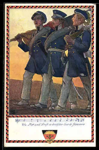 Künstler-AK Karl Friedrich Gsur, Deutscher Schulverein NR: 369, Soldaten mit geschulterten Gewehren