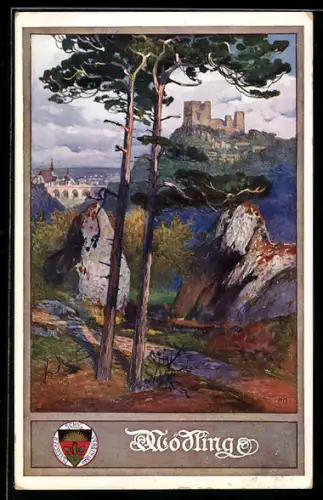 Künstler-AK Mödling, Burgruine auf dem Berg, Deutscher Schulverein