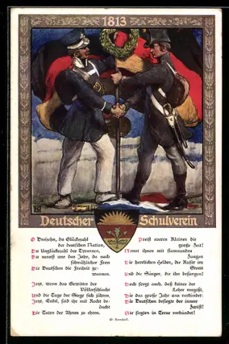 Künstler-AK Karl Friedrich Gsur: Deutscher Schulverein NR.526: Uniformierte mit deutschen Flaggen im Handschlag
