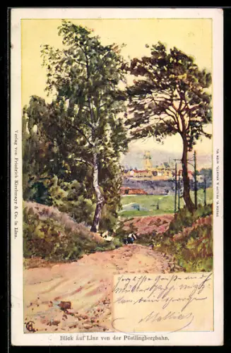 Künstler-AK Philipp + Kramer: Linz, Blick auf Linz von der Pöstlingbergbahn