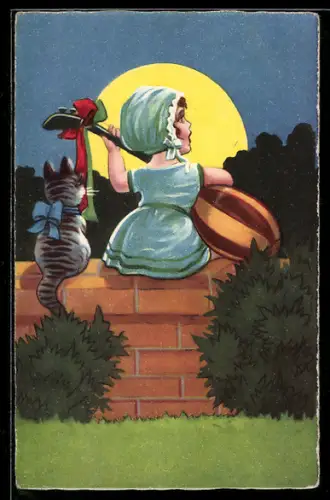 AK Lautenspielerin mit Katze, Der Mond ist aufgegangen