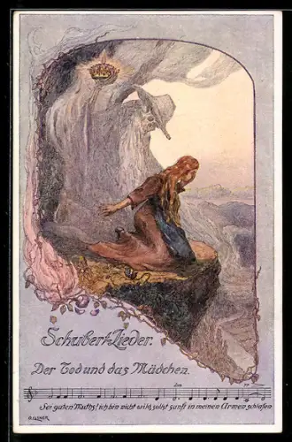 Künstler-AK sign.: D. Elsner, Der Tod und das Mädchen, Der Tod steht hinter dem Mädchen am Abgrund