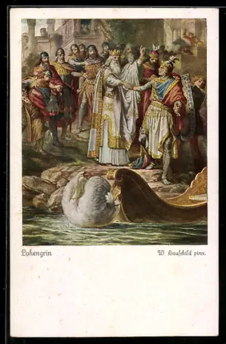 AK Richard Wagner's der Ring des Nibelungen, Lohengrin, Ritter betritt das Schwanenboot
