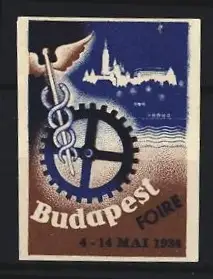 Reklamemarke Budapest, Foire 1934, Zahnrad und Hermesstab