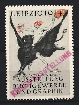 Reklamemarke Leipzig 1914, Internationale Ausstellung für Buchgewerbe und Graphik, Männerakt reitet auf Greif