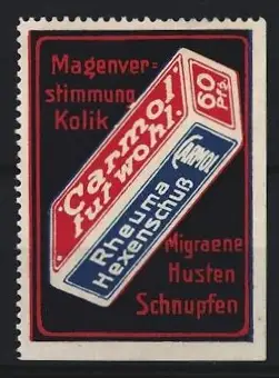 Reklamemarke Carmol, Schwerz & Hustenmittel, Medizinverpackung