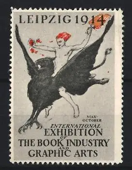 Reklamemarke Leipzig 1914, International Exhibition of the Book Industry, Reiter in Akt auf Greif