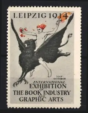 Reklamemarke Leipzig 1914, International Exhibition of the Book Industry, Männerakt auf Greif reitend, Fabelwesen