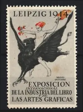 Reklamemarke Leipzig 1914, Exposicion Internacional de la Industria del Libro, Männerakt reitet Greif