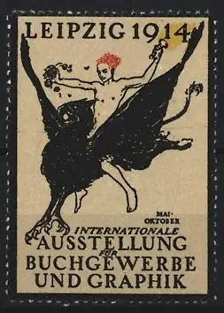 Reklamemarke Leipzig 1914, Internationale Ausstellung für Buchgewerbe und Graphik, Nackter Reiter auf Greif