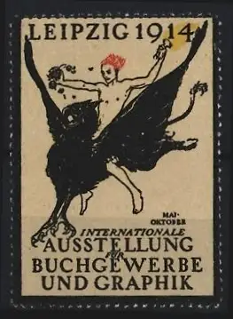 Reklamemarke Leipzig 1914, Internationale Ausstellung für Buchgewerbe und Graphik, Männerakt reitet Greif
