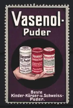 Reklamemarke Vasenol-Puder, Hand mit Puderdosen