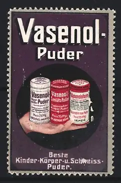 Reklamemarke Leipzig, Vasenol-Puder, Puderbehälter auf Hand