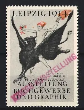 Reklamemarke Leipzig 1914, Internationale Ausstellung für Buchgewerbe und Graphik, Greif mit Mensch