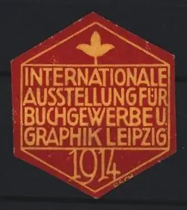 Reklamemarke Leipzig, Internationale Ausstellung für Buchgewerbe u. Graphik 1914, Blattmotiv, orange-rot