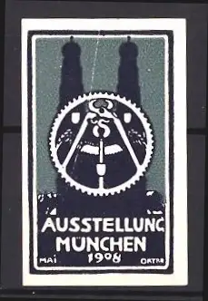 Reklamemarke München, Ausstellung 1908, Zahnrad mit Türmen der Frauenkirche