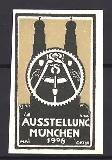 Reklamemarke München, Ausstellung 1908, Kirchtürme der Frauenkirche und Zahnrad
