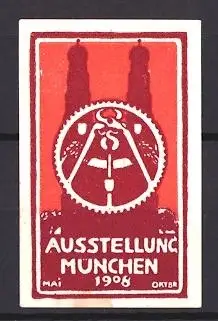 Reklamemarke München, Ausstellung 1908, Zahnradsymbol und Frauenkirche