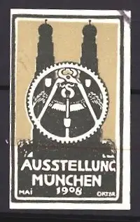 Reklamemarke München, Ausstellung 1908, Zahnradsymbol und Zwillingstürme der Frauenkirche