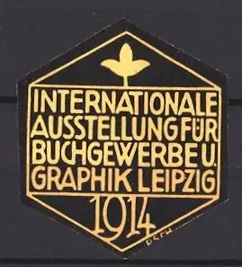 Reklamemarke Leipzig, Internationale Ausstellung für Buchgewerbe u. Graphik 1914, stilisierte Blüte, gelb-schwarz