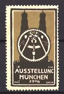 Reklamemarke München, Ausstellung 1908, Kirchtürme der Frauenkirche und Zahnrad