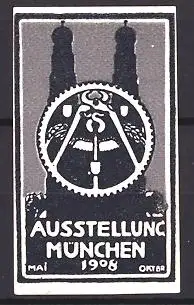 Reklamemarke München, Ausstellung 1908, Kirchtürme der Frauenkirche und Messelogo