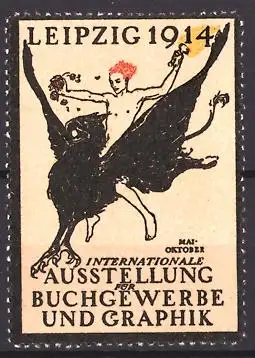 Reklamemarke Leipzig 1914, Internationale Ausstellung für Buchgewerbe und Graphik, Männerakt reitet auf Greif