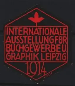Reklamemarke Leipzig, Internationale Ausstellung für Buchgewerbe u Graphik 1914, Blume, rot-schwarz