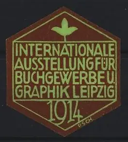 Reklamemarke Leipzig, Internationale Ausstellung für Buchgewerbe u. Graphik 1914, Pflanzensymbol, grün-braun