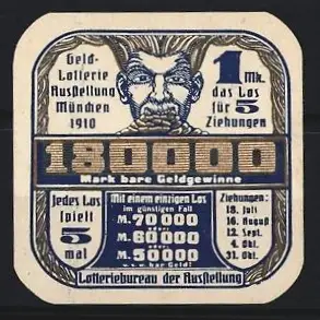 Reklamemarke München, Geld-Lotterie Ausstellung 1910, Gesicht mit markanten Augenbrauen erbricht Münzen