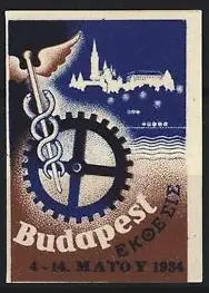 Reklamemarke Budapest, Ausstellung 4.-14. Mai 1934, Zahnrad und Hermesstab