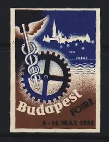 Reklamemarke Budapest, Foire 1934, Zahnrad und Äskulapstab