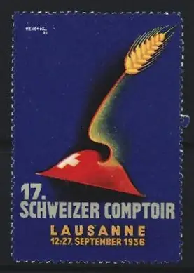 Reklamemarke Lausanne, 17. Schweizer Comptoir 1936, rotes Schweizerkreuz und Weizenähre
