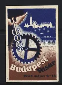Reklamemarke Budapest, Ausstellung 1934 május 4-14, Zahnrad mit Hermesstab