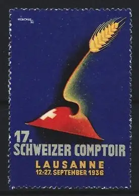 Reklamemarke Lausanne, 17. Schweizer Comptoir 1936, Schweizer Hut mit Ähre