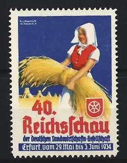 Reklamemarke Erfurt, 40. Reichsschau 1934, Bäuerin mit Getreidebündel