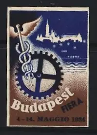 Reklamemarke Budapest, Fiera 1934, Zahnrad und Hermesstab