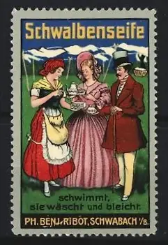 Reklamemarke Schwabach, Ribot Schwalbenseife, elegante Damen und Herren beim Tee