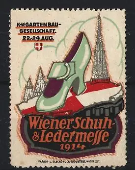 Reklamemarke Wien, Wiener Schuh- & Ledermesse 1914, Damenschuh und Kirche