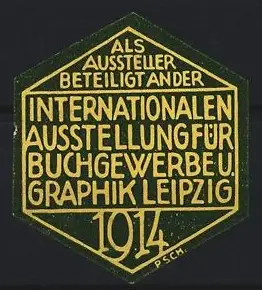 Reklamemarke Leipzig, Internationale Ausstellung für Buchgewerbe, 1914, Hexagon-Design, gelb-grün