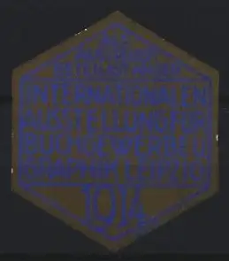 Reklamemarke Leipzig, Internationale Ausstellung für Buchgewerbe und Graphik, 1914, sechseckiges Design, blau-grau