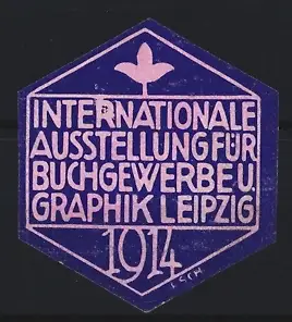 Reklamemarke Leipzig, Internationale Ausstellung für Buchgewerbe u. Graphik 1914, stilisierte Blume, rosa-blau