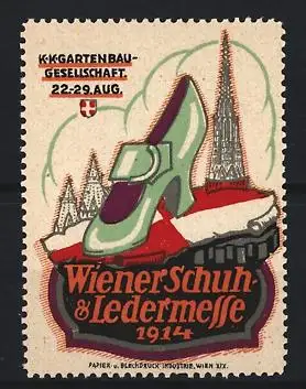 Reklamemarke Wien, Wiener Schuh- & Ledermesse 1914, Damenschuh und Stephansdom